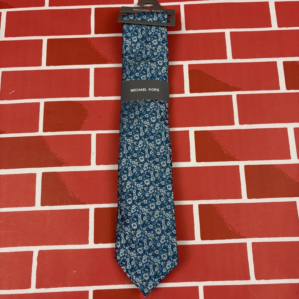 MICHAEL KORS Men's Blue Floral Necktie Woven Polyester 3" Pointed Logo Tie